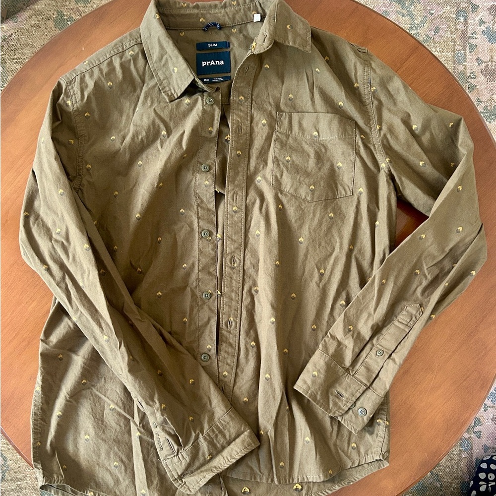 Prana Men's Long Sleeve Button Up in Olive Green with pattern